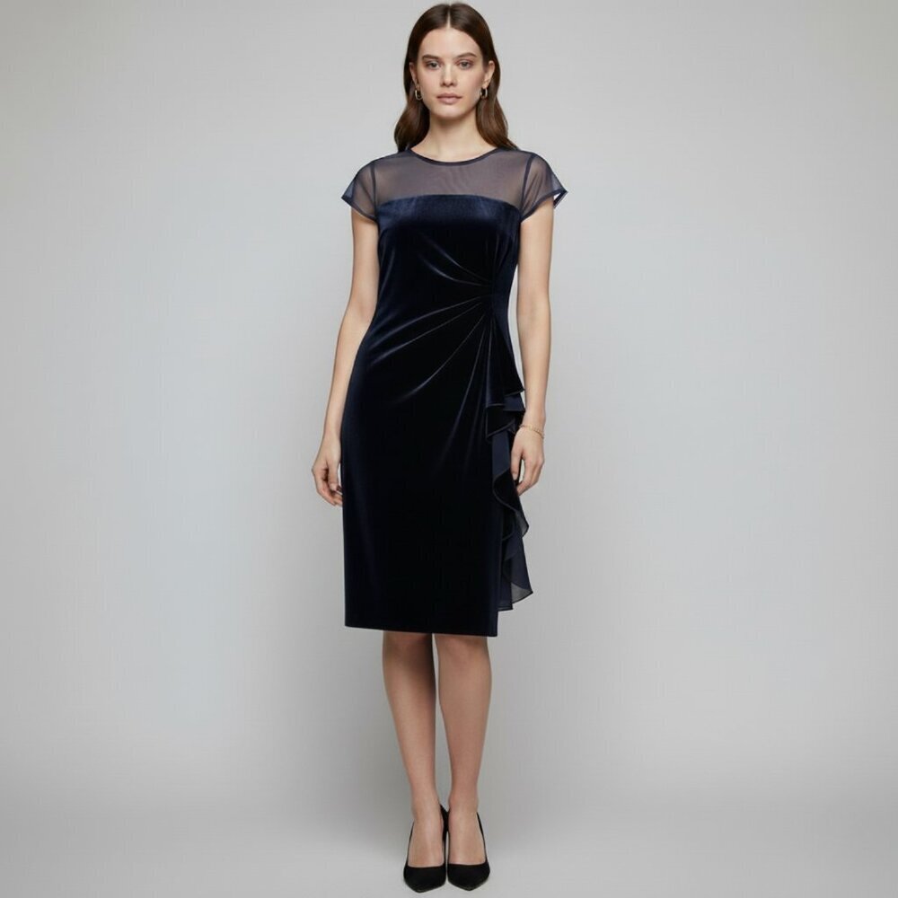 Joseph Ribkoff Womens 10 NWT Elegant Navy Velvet Ruffle Sheath Dress
